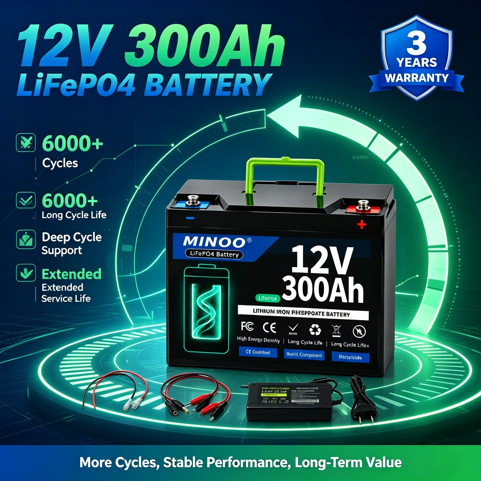 12V 300Ah Lithium LiFePO4 Battery Built-in 300A BMS High Capacity Deep Cycle Battery for RV Solar Marine Backup Power