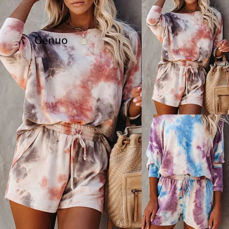 Women's Summer Printed Casual Suit, Polyester Casual Loose Tie-dye Round Neck Short-sleeved ,  Home Wear 2-piece Set