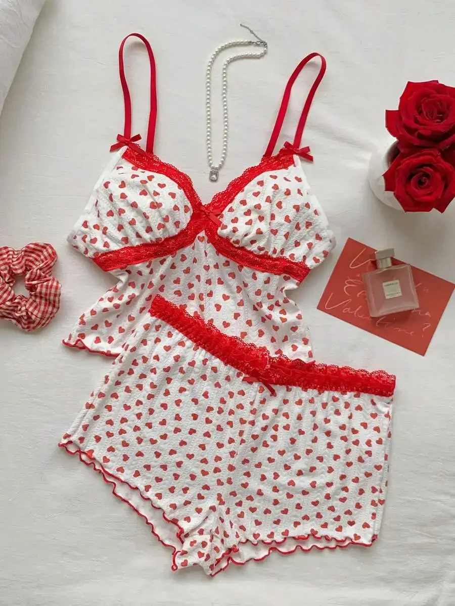 

Romantic Heart Print Lace Trim Women Pajama Set Sleepwear