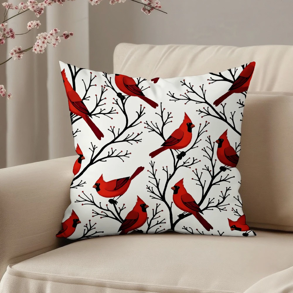 Square Throw Pillow Cover White Red Cardinal Bird Branch Print For Living Room Sofa Bedroom Home Decor Cushion Case