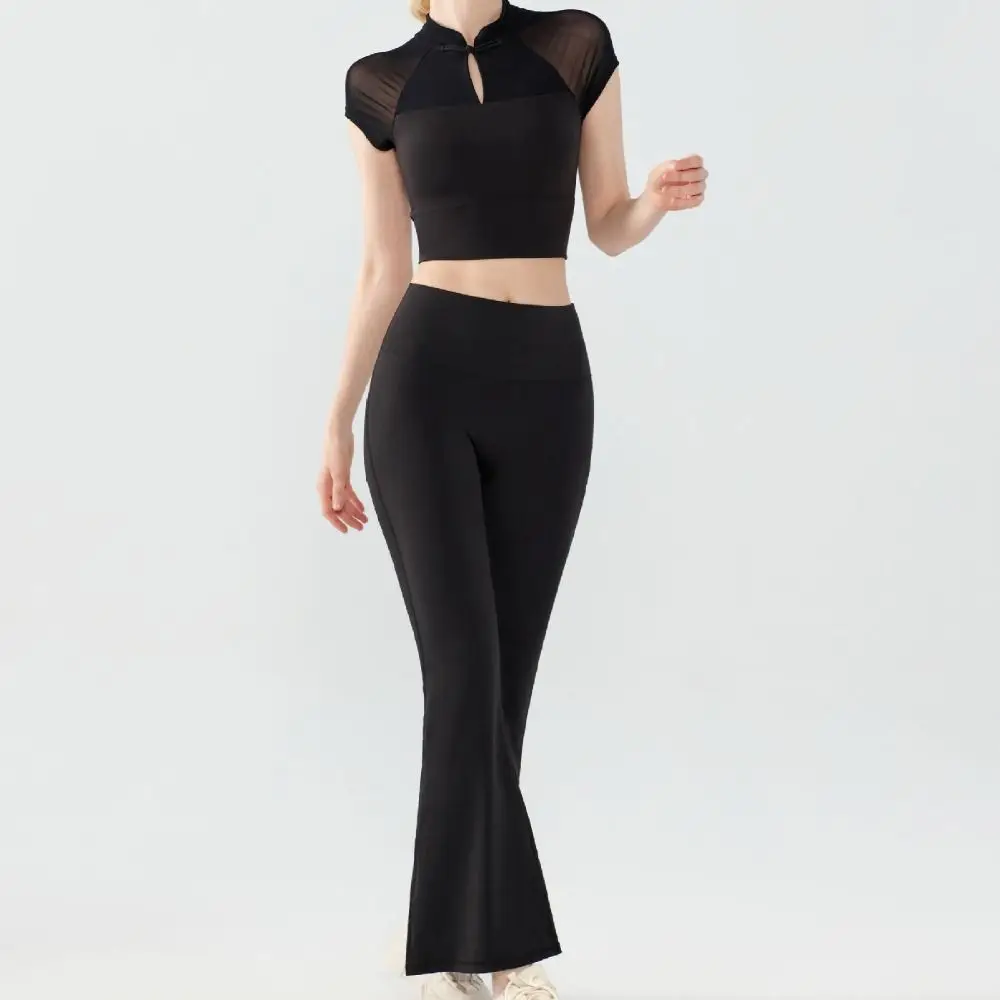 Top de Yoga de malla de manga corta a la moda, Top corto deportivo Cheongsam de retazos con almohadilla para el pecho, nuevo chaleco chino de secado rápido, uso diario