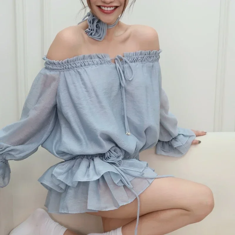 Mini abiti eleganti con volant in rete Manica trasparente Slash Neck Slim Flower Abito con lacci Casual Streetwear Abiti da donna