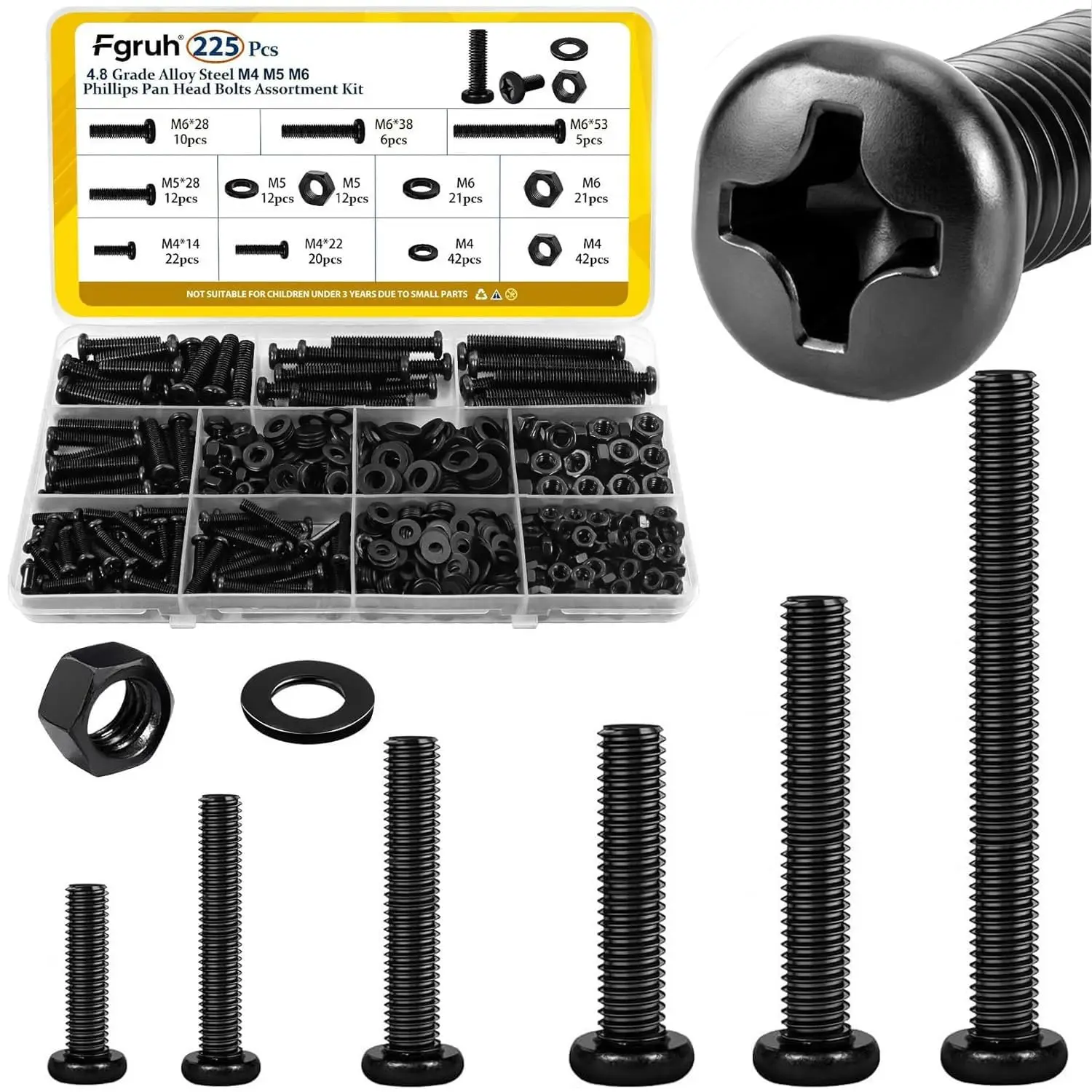 225pcs M4 M5 M6 Phillips Pan Head Screws, Nuts, Washers Assortment Kit for Electrical, Furniture, DIY Projects Black