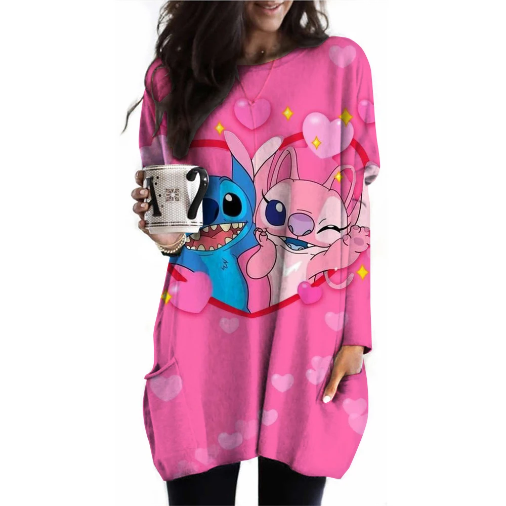 2024 Spring/Summer Women\'s T-shirt Long Sleeve Splicing Round Neck Casual Disney\'s Lilo&Stitch Printed T-shirt Women\'s T-shirt