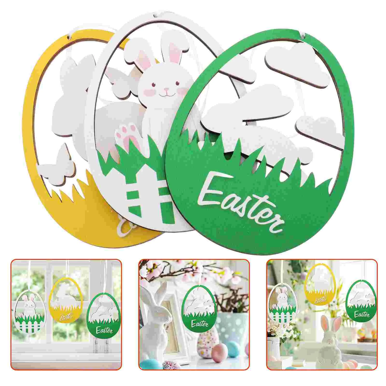 3 Pcs Wooden Rabbit Hanging Ornament Pendant Easter Party Cutout Wall Dcorations Door Plaque Deorations