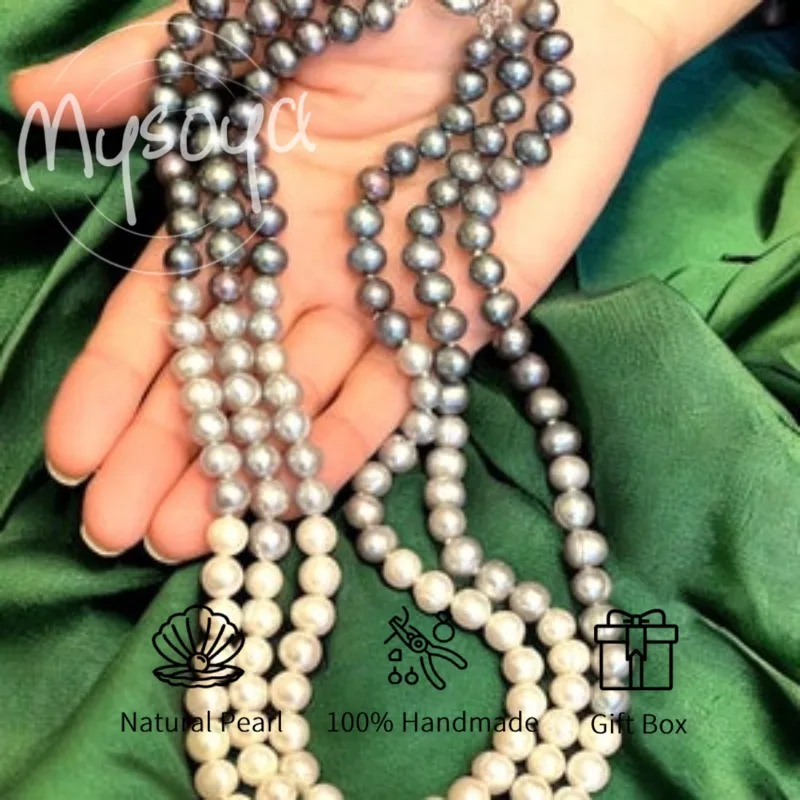 

MYSOYA трехслойное разноцветное ожерелье из черного, серого и белого пресноводного жемчуга 6-7 мм с подарочной коробкой для нее/им на день рождения, свадьбу