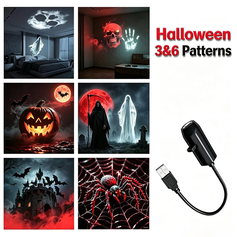 USB Led Halloween Projection Lamp, 3/6 Patterns Ghost Bat Spider Skeleton Projector Light, Festive Party Atmosphere Decoration