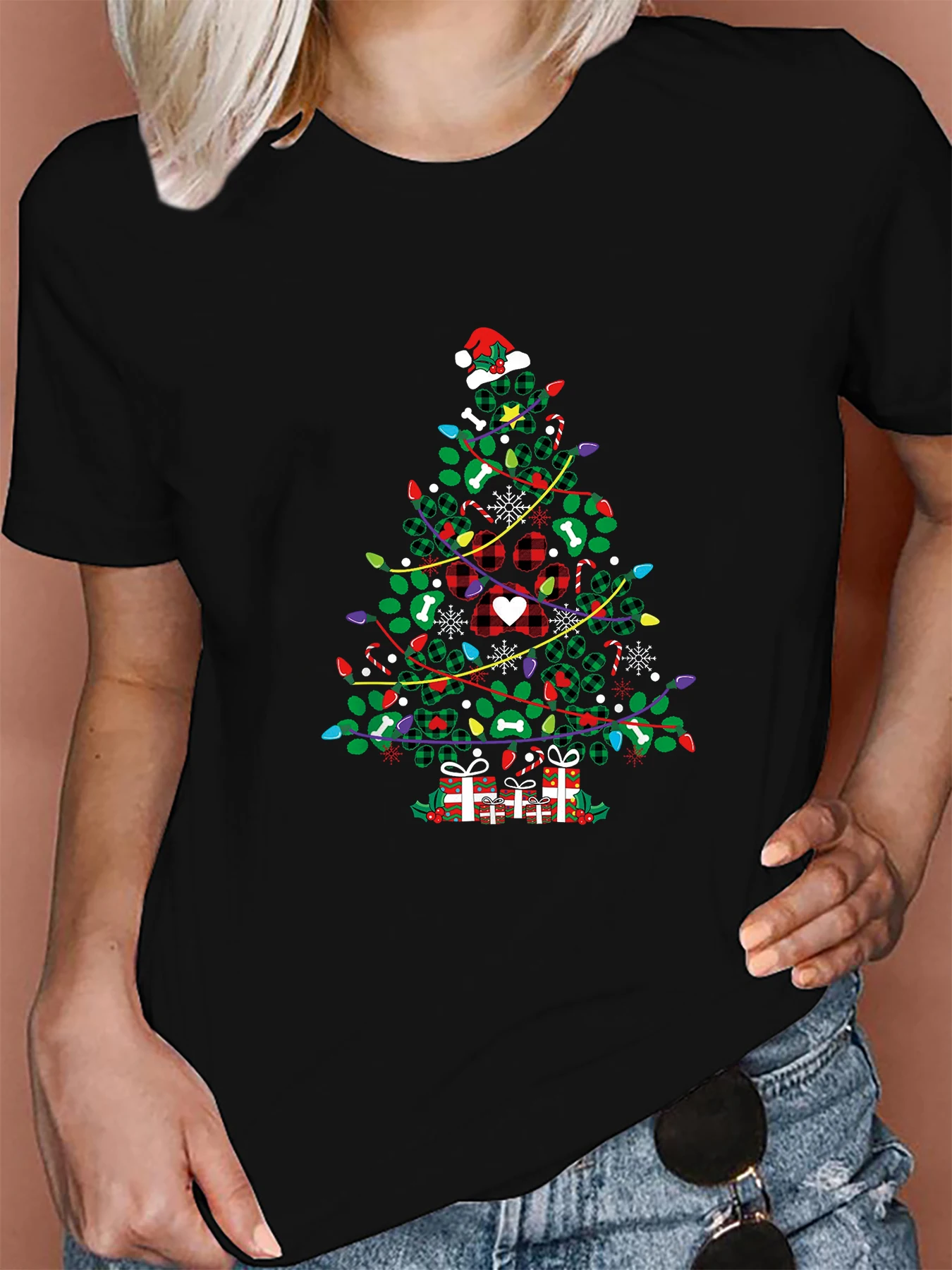 Christmas Tree  with santa light Print T Shirt Women Short Sleeve O Neck Loose Tshirt Summer Women Tee Shirt Graphic Female Tops