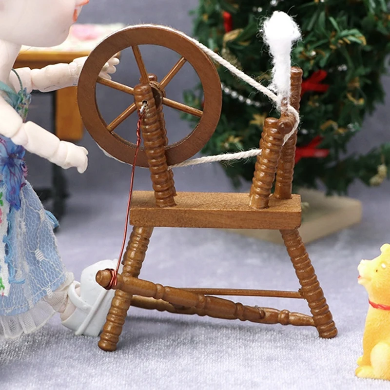 1:12 Scale Dollhouse Miniature Hand Reeling Machine Wooden Spinning Wheel Retro Mini Spinning Wheel Brown