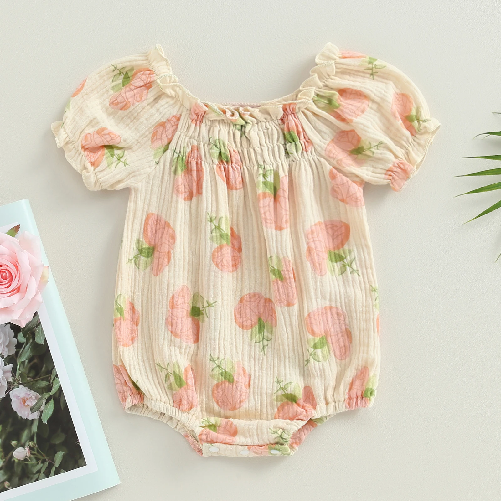 Infant Baby Girls Romper Flower Print Short Puff Sleeve Newborn Jumpsuits Summer Girls Floral Bodysuits Sunsuits Sunsuits