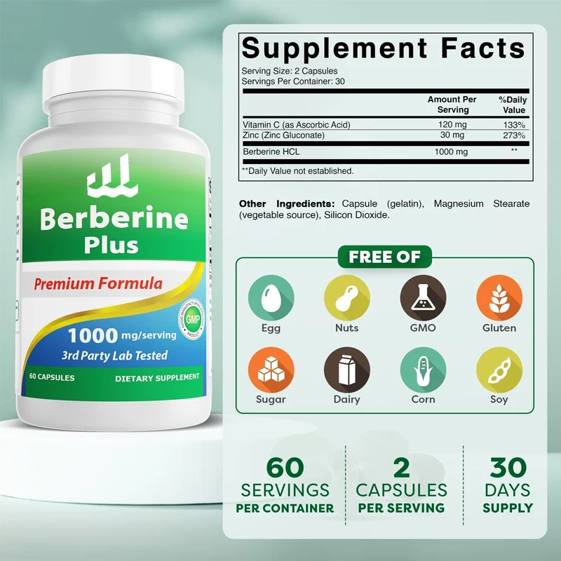 Berberine Plus 60 capsules - containing erythromycin HCL, vitamin C, and zinc gluconate