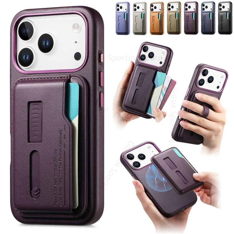 

Hidden Wristband Finger Holder Kickstand Case For iPhone 17 16 Pro Max Magnetic Card Slot Wallet Cover For Apple 16e 15 14 17Air