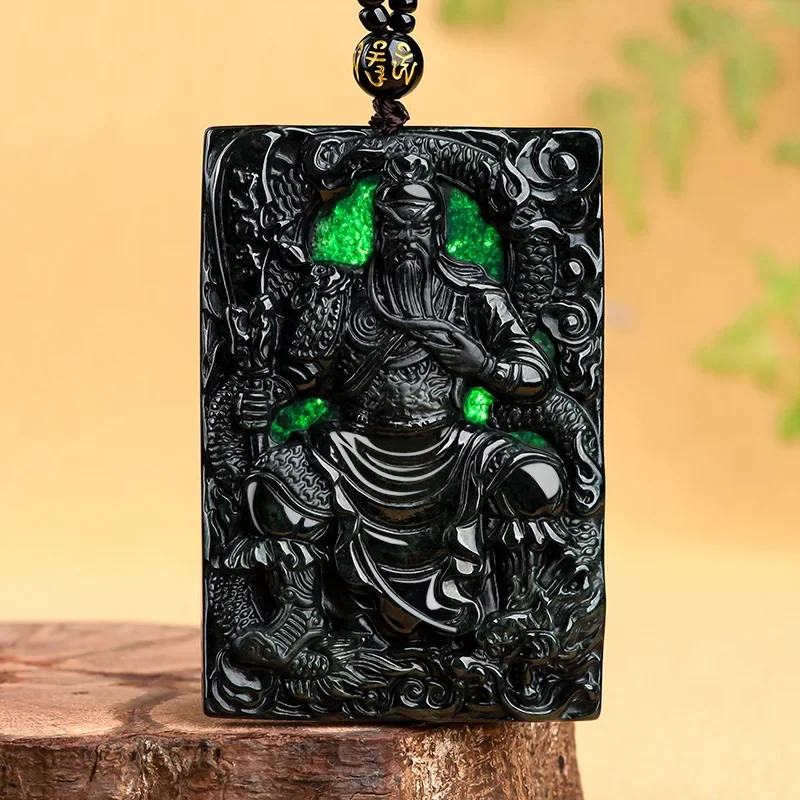 Natural Dark Green Black Jadeite Pendant A-grade Guan Gong Necklace Ice Grade Jade Men Women's Atmospheric Domineering Jewelry