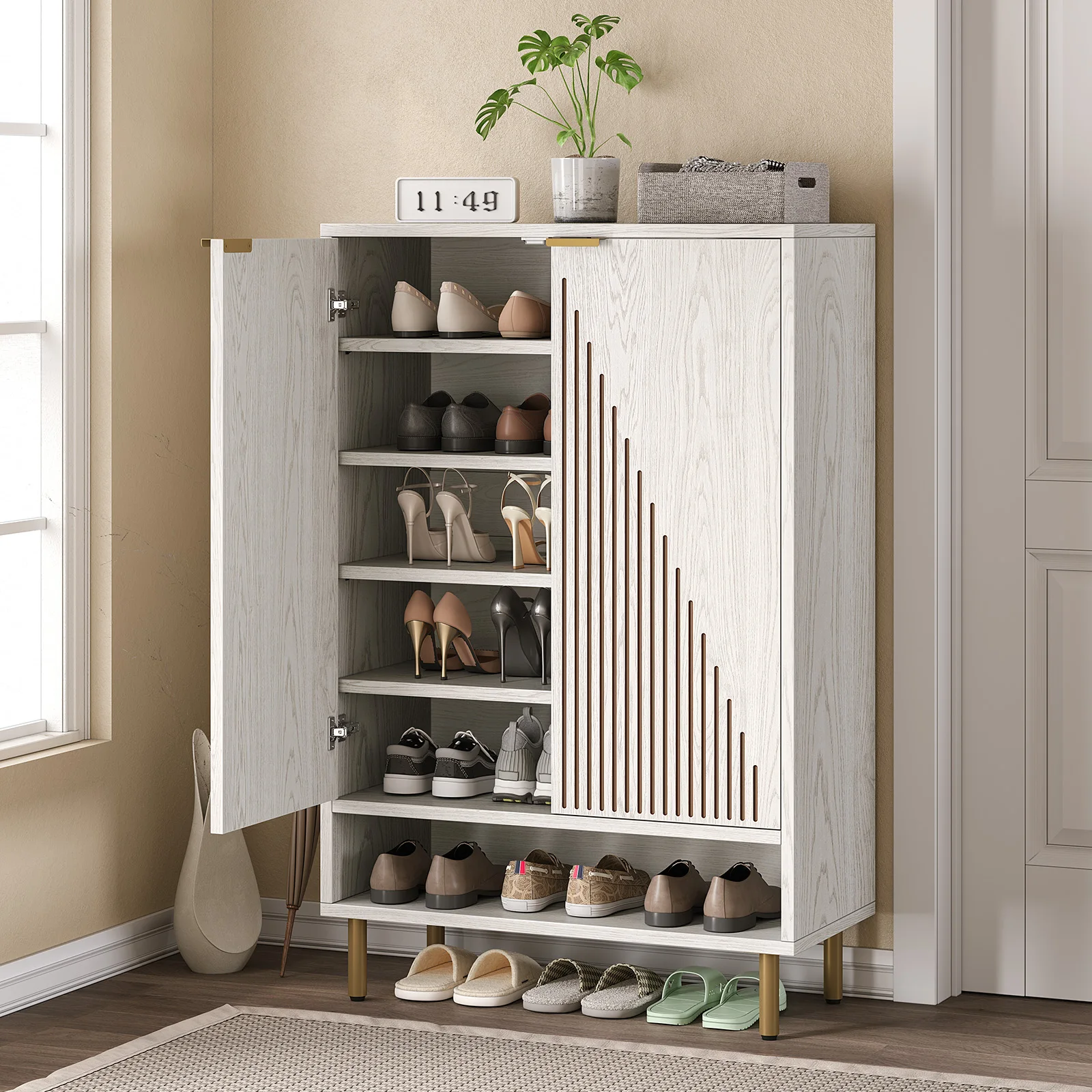 Shoes Cabinet for Entryway,6-Tier Shoe Storage Cabinet with Linear Decor Doors and Adjustable Shelves,Wooden Shoes Rack Shoe