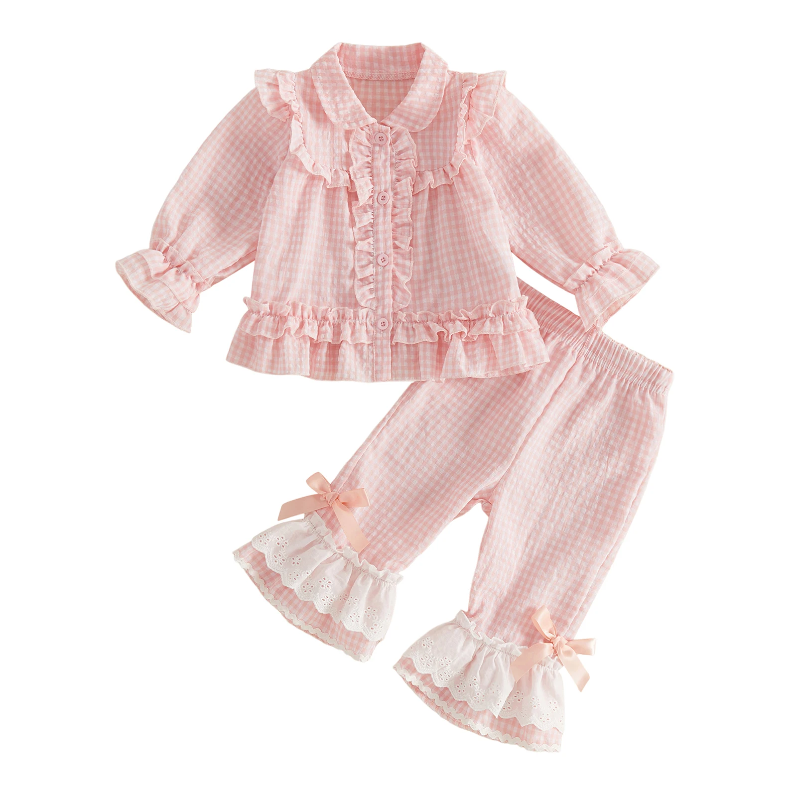 Toddler Girl Fall Outfits Plaid Print Long Sleeve Tops and Flare Pants