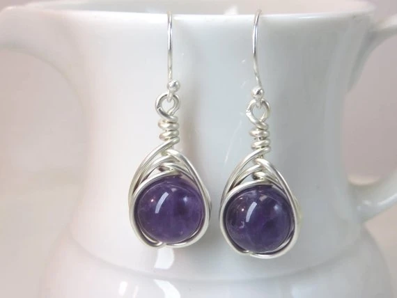 Purple amethyst earrings sterling silver wire wrapped gemstone February birthstone herringbone