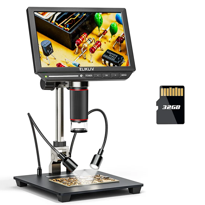 Elikliv EM4K 4K Digitales Mikroskop für Elektronik-Lötarbeiten, 8" 52MP HDMI-Lötmikroskop, 2000X für PCB-Inspektion und -Reparatur mit 10" Stativ, Rasterlinie und einstellbaren LED-Leuchten