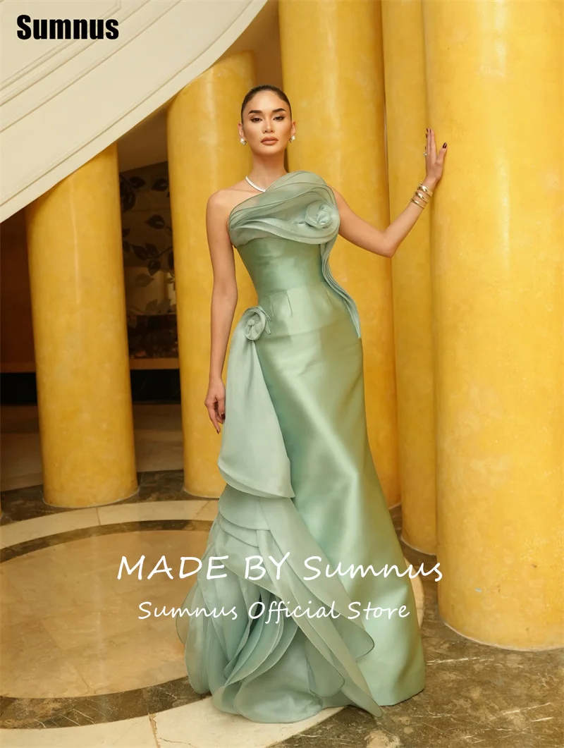 Sumnus 우아한 인어 이브닝 드레스 끈이 없는 3D 꽃 주름 장식 러플 정장 드레스 갈라 فساتين سهرة 맞춤형