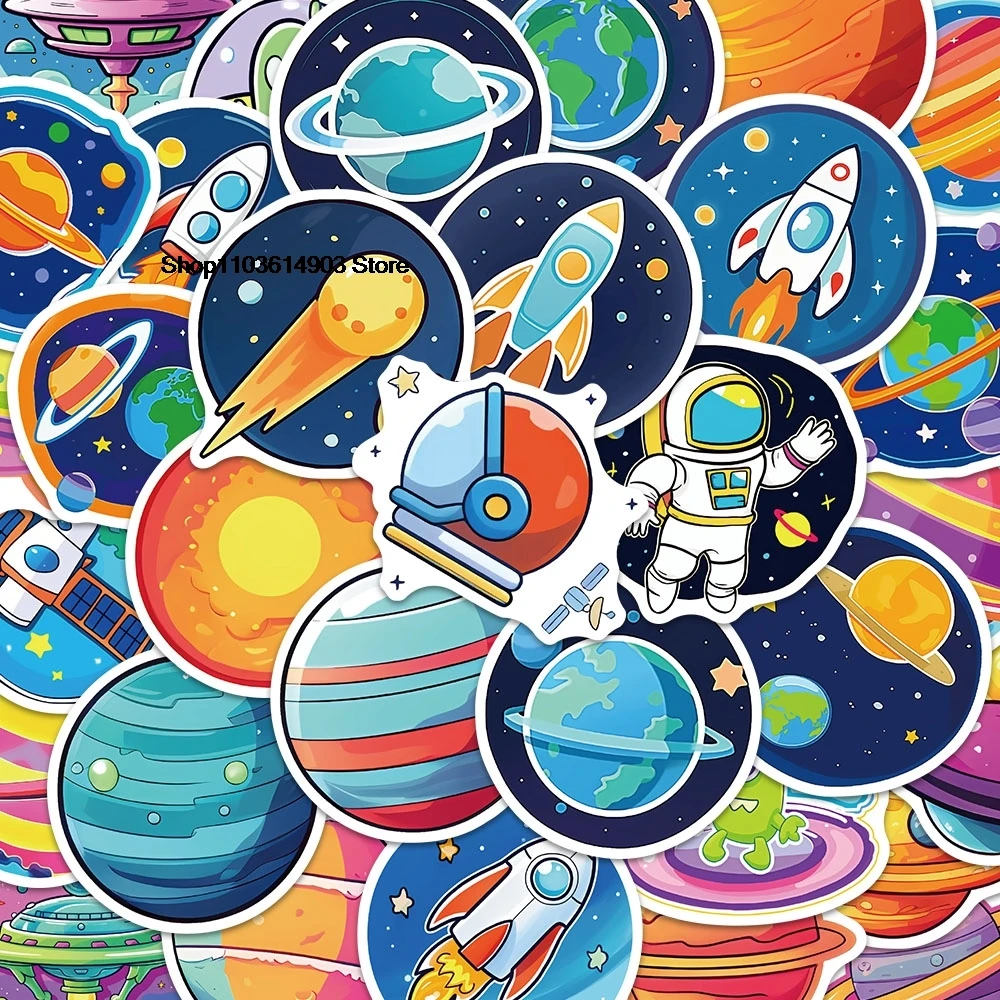 50PCS Cute Cartoon Outer Space Plants Rockets Stickers Creative Decoration Mobile Phone Laptop Computer Tote Case Sticker