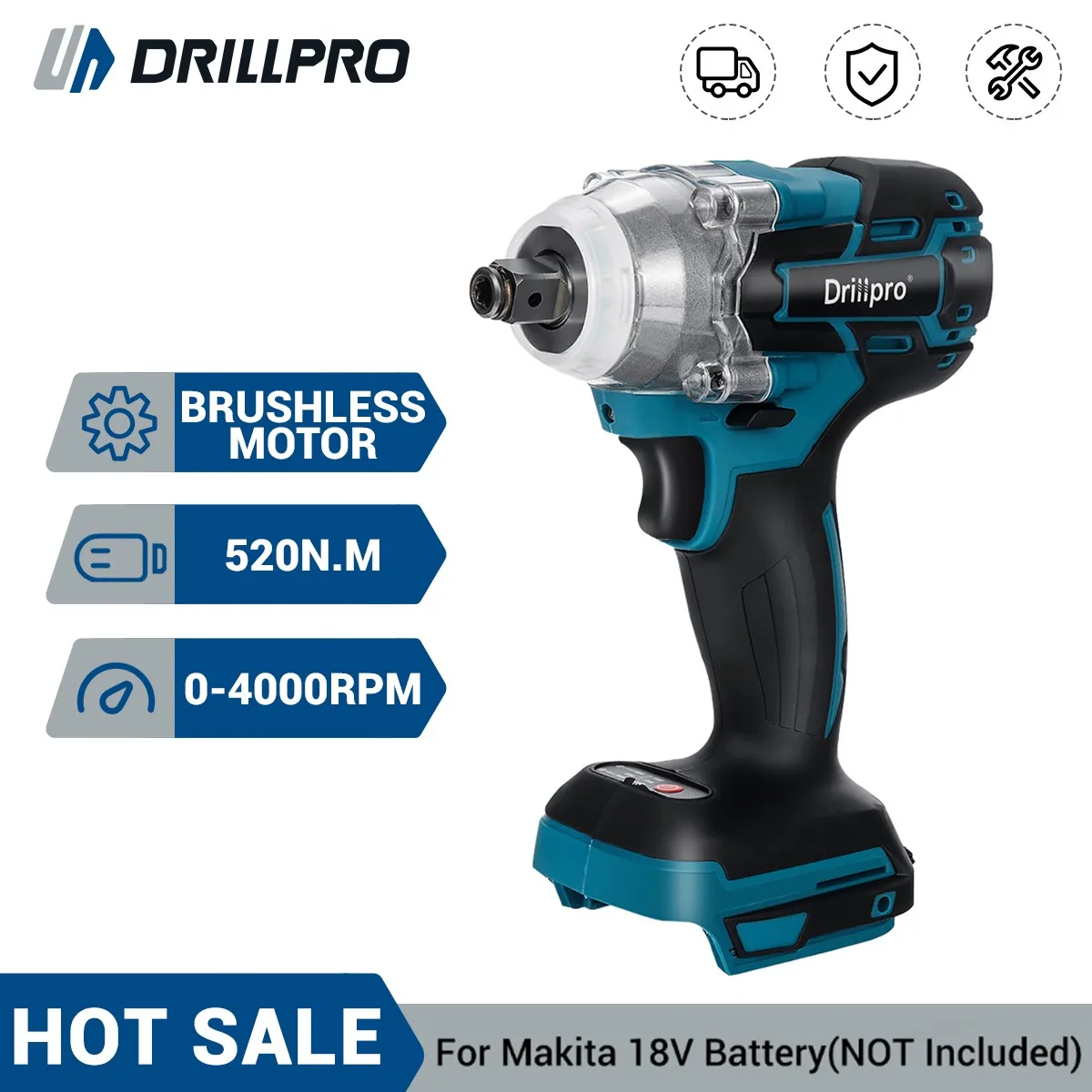 Drillpro-llave eléctrica sin escobillas de 18V, herramienta de impacto inalámbrica recargable de 1/2 pulgadas para batería Makita