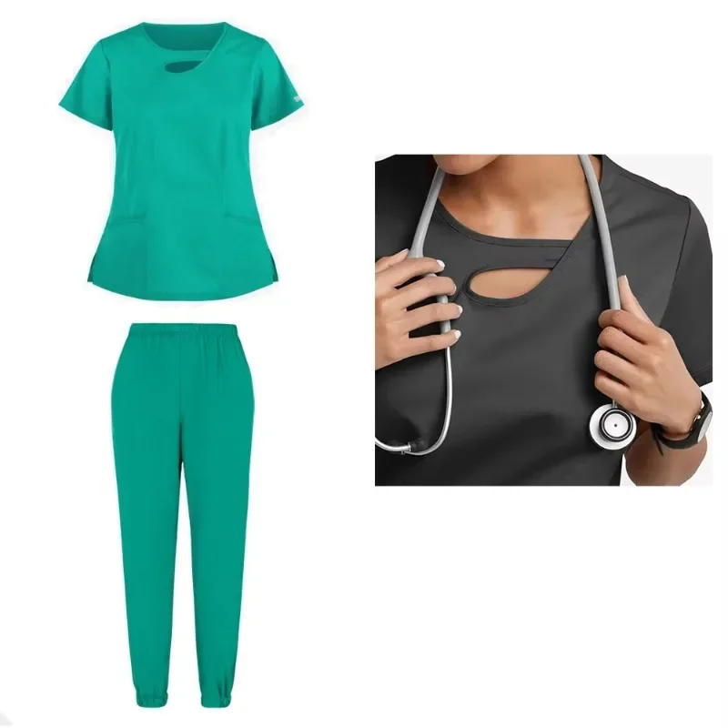 Novo conjunto de esfoliantes uniformes médicos estiramento esfrega topos com calças bolso uniforme enfermeira médico cirurgia macacão salão beleza workwear