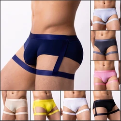 Bragas sexys de seda de hielo para hombre, ropa interior fina convexa en U, suspensorio, correas de pierna, Bóxer y Calzoncillos