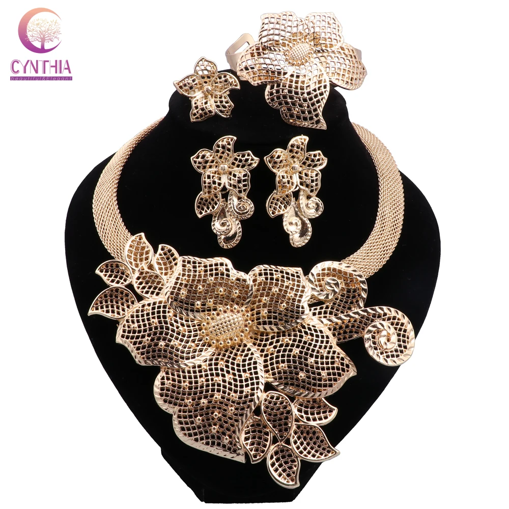 CYNTHIA High Quality Jewelry Set Women\'s Exquisite Wedding Nigerian Necklace Earrings Bracelet Ring Set Bridal Indian Fashion