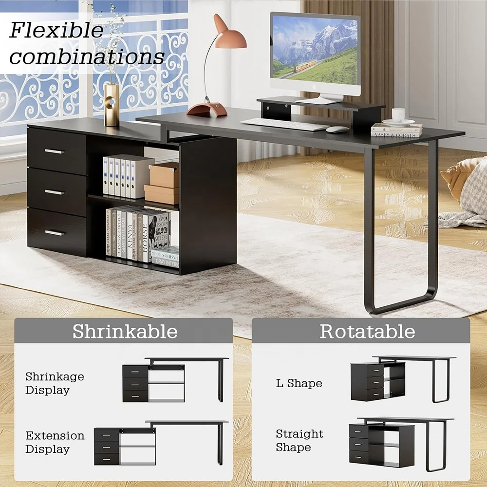 Black L-shaped wooden desk corner computer desk with monitor rack study desk with locker