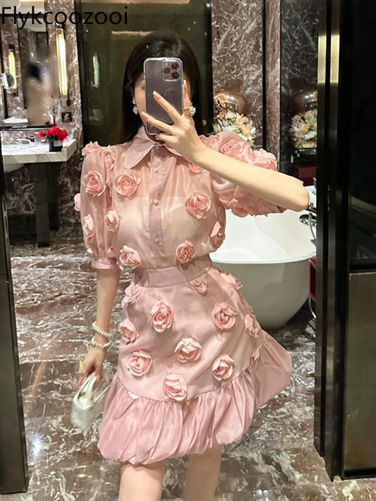 Conjuntos Feminino Elegante Light Mature Female Three-dimensional Flower Bubble Sleeve Pink Shirt High Waist Skirt Two-piece Set