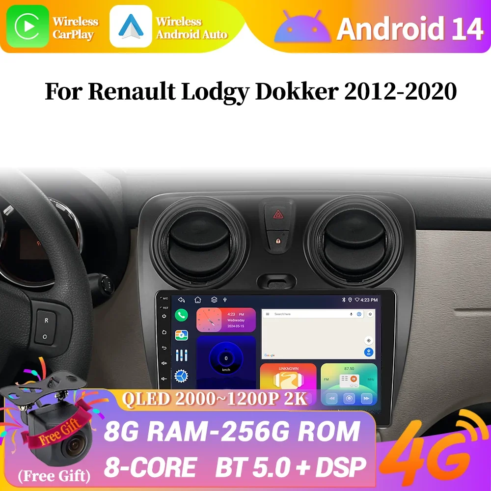 Android Auto For Renault Lodgy Dokker 2012-2020 Carplay CarRadio Multimedia Player 4G GPS Stereo Wireless Bluetooth Touch Screen