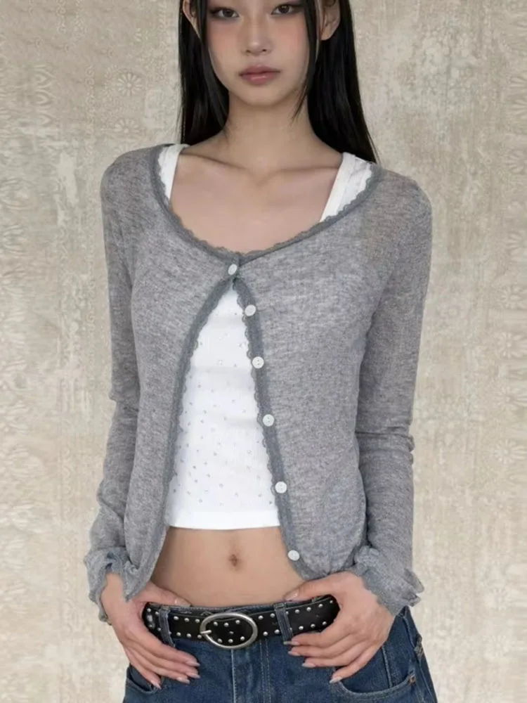 Knitting Thin Cardigan Women Patchwork Lace O-neck Tunic Sueter Mujer Long Sleeve Cropped Sweater 2026 Ropa Mujer Pull Femme