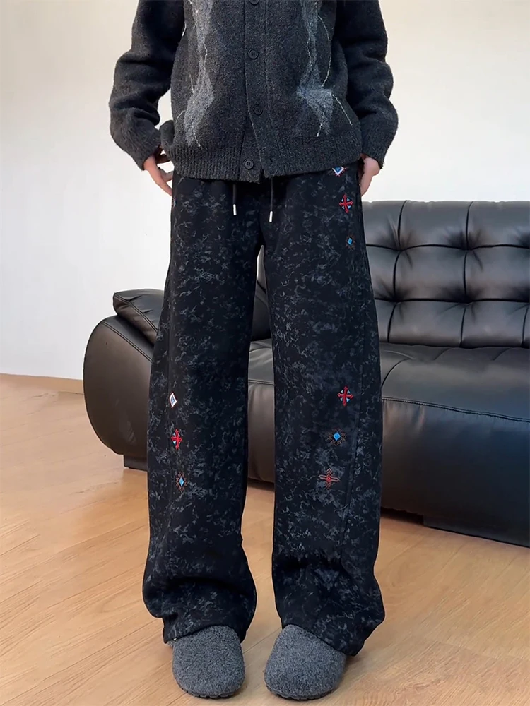 

Мужские зимние спортивные брюки American Sle с вышивкой тай-дай, на флисовой подкладке, с угловым кроем, повседневные брюки