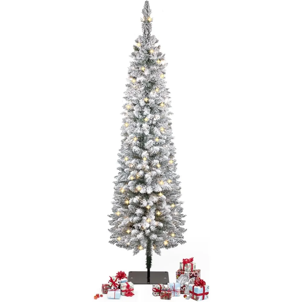 

Рождественская елка из флока снега длиной 5 футов — тонкая матовая благородная елка, теплые огни, металлическая подставка, праздничное украшение в список UL