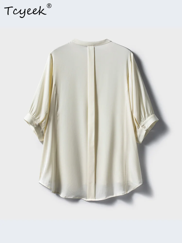 

Tcyeek, 91%Natural Silk Elegant Shirt, Women Stand Collar Solid, Fashion Casual OL Blouses, 2024 Autumn Winter Tops T48063QM