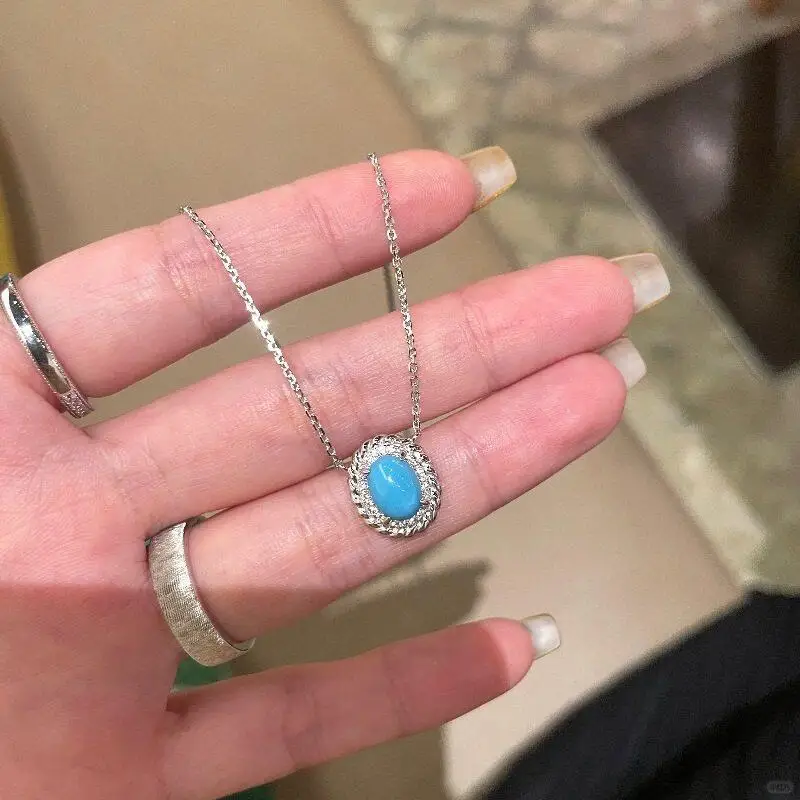 Oval 925 Silver exquisite Twists Inlaid diamonds Necklace for women Pendant Fresh Turquoise Collar Chain Party fine Jewelrys