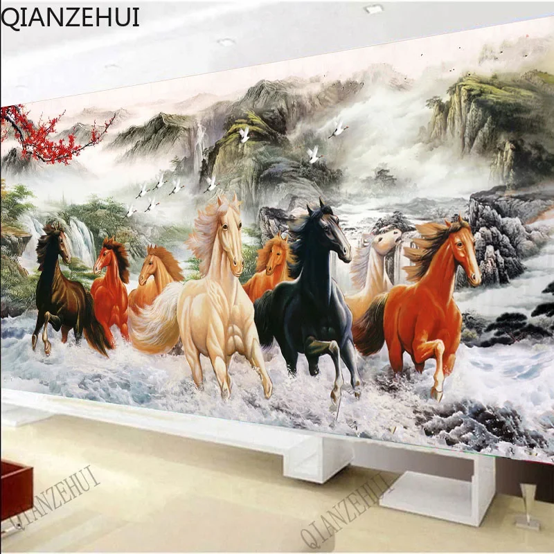 DIY full Diamond Embroidery,Round Diamond Eight horses to success Living room nine fish decoration rhinestone Diamond painting