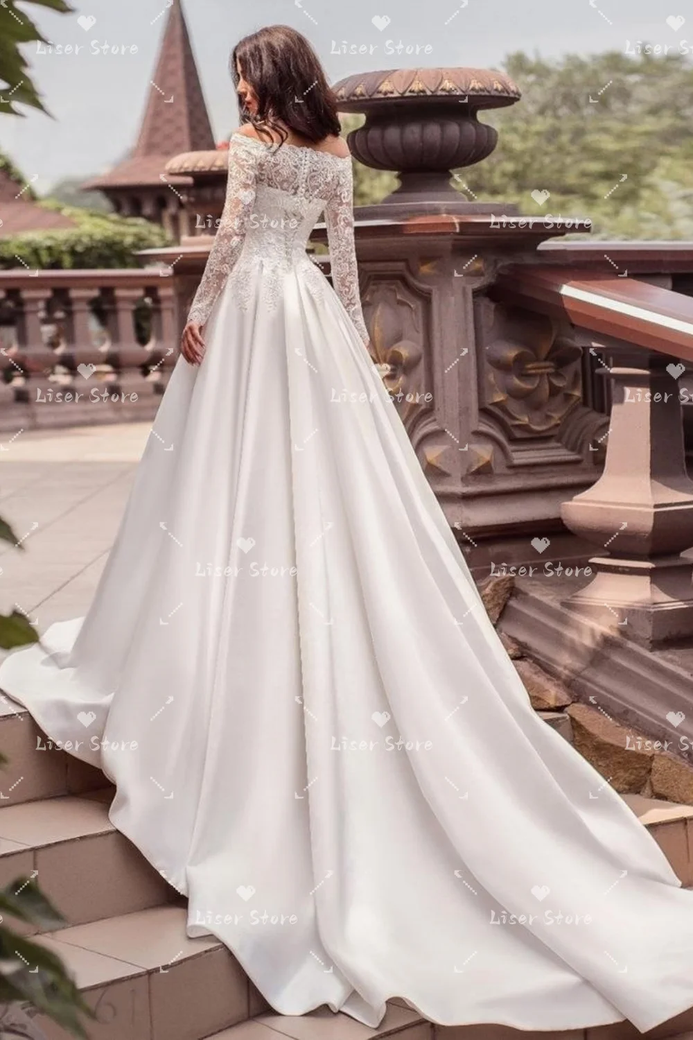 Liser Customized Ivory Off Shoulder Long Lace Sleeve Satin Ball Gown Wedding Dress A-line Sweep Train 2026 Robe De Mariée