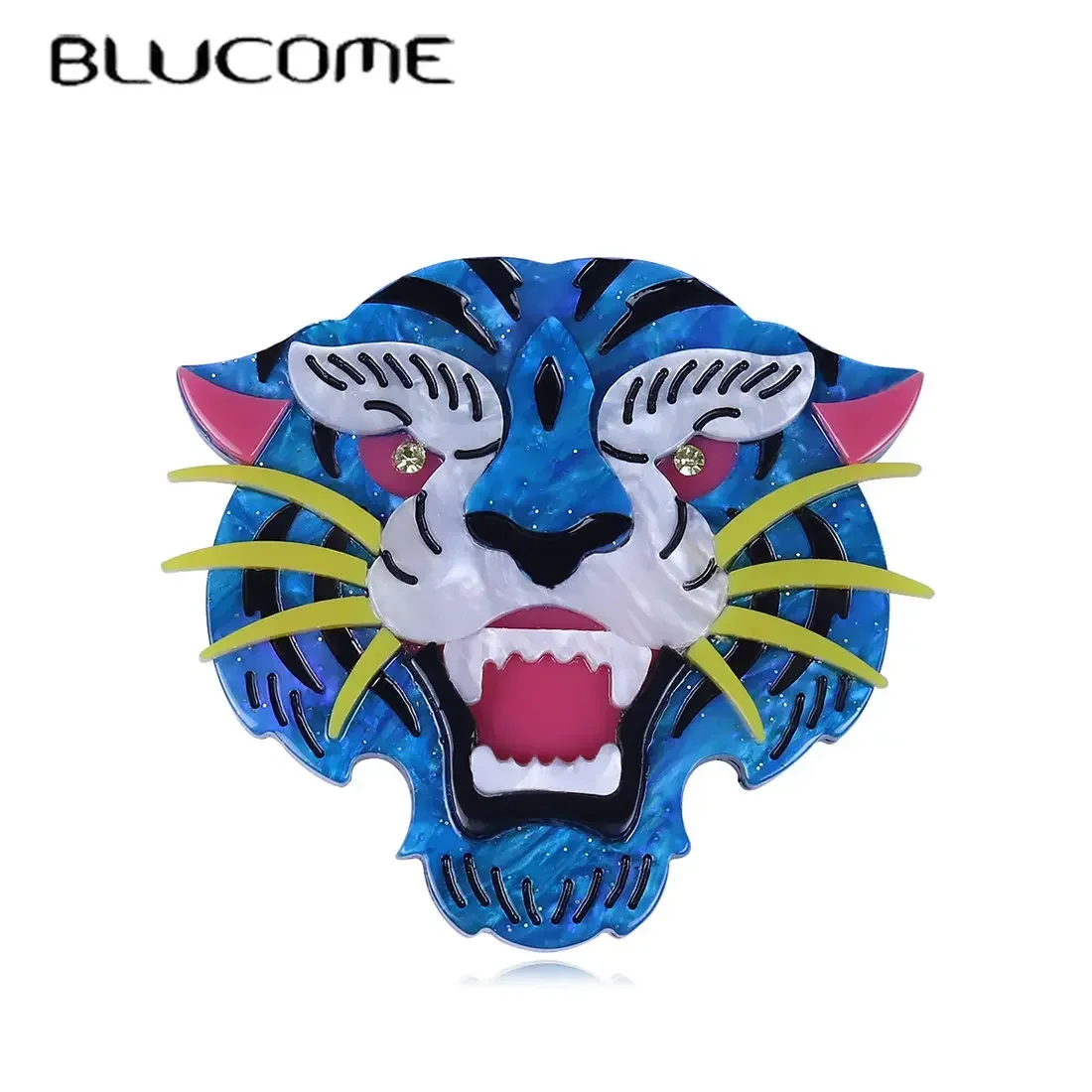 Blucome Acrylic Cute Tiger Brooches Safety Pins for Women Kids Vivid Animal Brooch Acetate Fiber Christmas Gifts Costume Jewelry