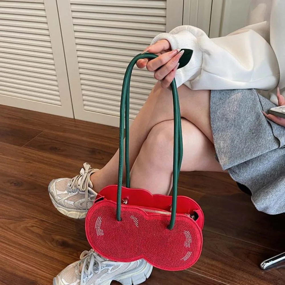 

Sweet Cherry Shape Underarm Bag Anti-splash Water Creative Red Fruit Handbag Lightweight Polyester PU Rhinestone Bag Shopping