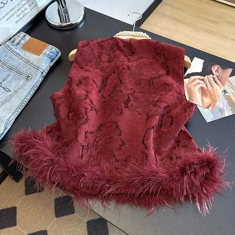 Women's Vest Chinese red National Wind Vest Female Young Age-Reducing Fashion Single-breasted Cotton Vest Jacket Ostrich Hair