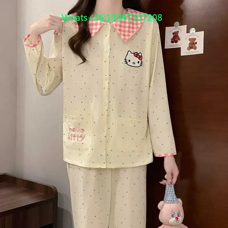 

Spring and autumn new yellow lapel imitation cotton cute cartoon Hello Kitty pajamas women's long-sleeved loungewear set