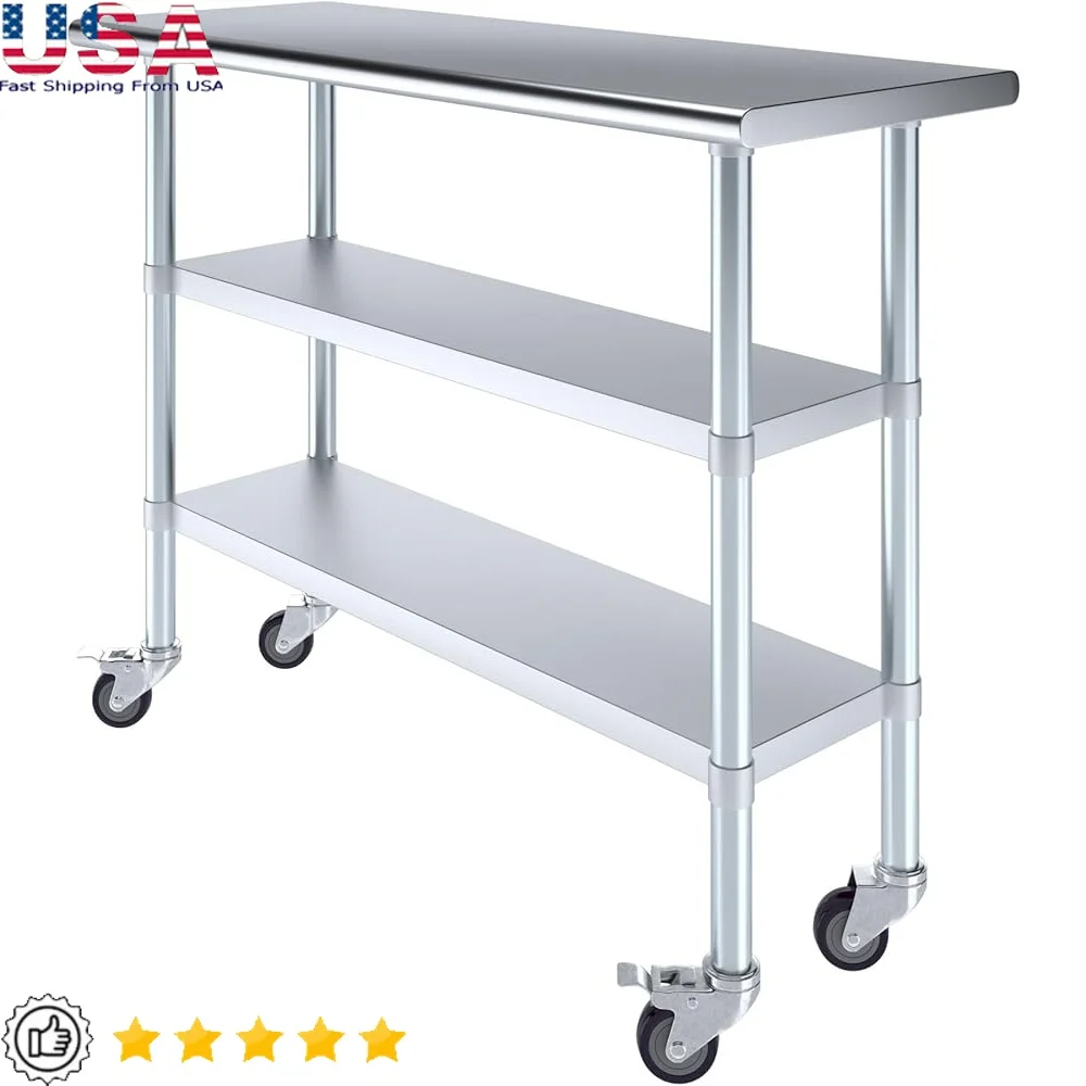 

Stainless Steel Work Table with Double Tier Shelves Adjustable Height Locking Casters Utility Bench NSF Certified Kitchen Garage