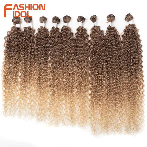 Imagen 2 del producto FASHION IDOL Extensiones de Cabello Sintético Rizado Kinky de 22, 24 y 26 Pulgadas, Ombre Marrón Negro, Resistentes al Calor, Paquetes de Cabello de Fibra