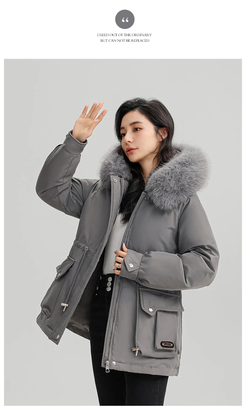 Winter New Warm Down Cotton Jacket with Large Fur Collar Hooded Coat Loose Women Thicken Parker Puffer Overcoat Casual Wear