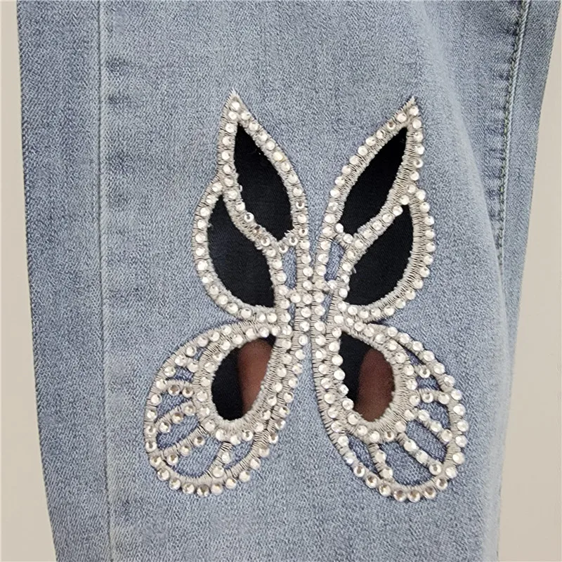 European Summer high waist jeans for women loose 2025 New slim straight Diamond hollowed out Halen Denim pants w1192