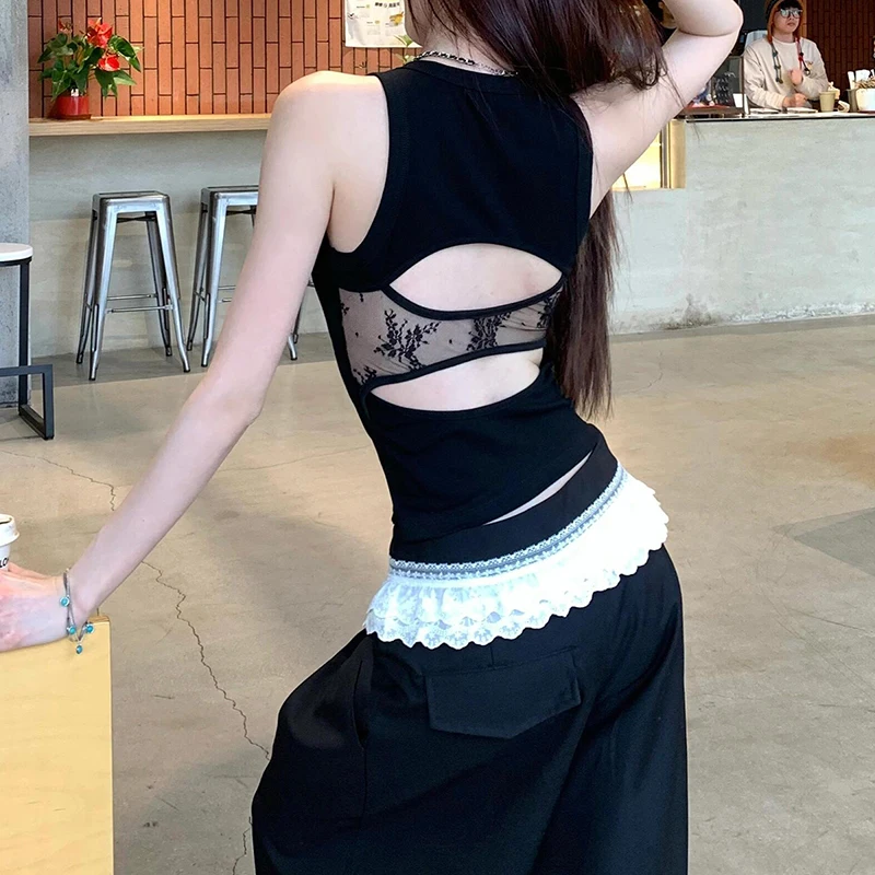 PBAP مكشكش الدانتيل مطوي السراويل واسعة غير رسمية النساء منخفضة الخصر التباين المرقعة ثنيات صالة البدلة بنطلون ملابس الصيف الرجعية #5