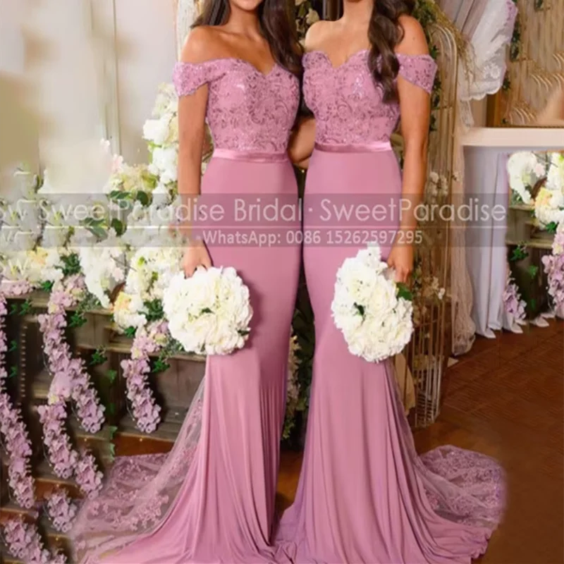 Shiny Sequins Appliques Bridesmaid Dresses Mermaid Long Off Shoulder Women Trumpet Customized Prom Dress Wedding Party