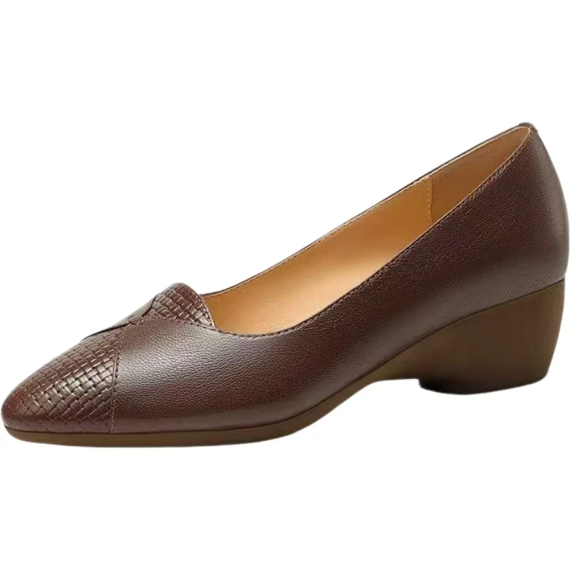 Women Block Heel Round Toe Leather Shoe Spring Summer New Soft sole Non Slip Shallow Slip On Lightweight Work Shoe Commuter Shoe