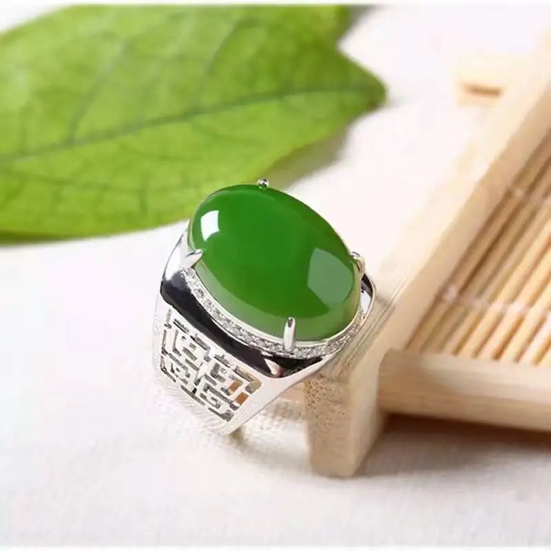 Chinese style green jade man's ring 12*16mm natural jade vintage 925 silver gemstone ring for man Luxurious silver man ring