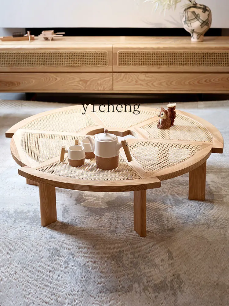 Zk Log Silent Coffee Table round Solid Wood Gear Shaped Light Luxury Household Tea Tray Rattan